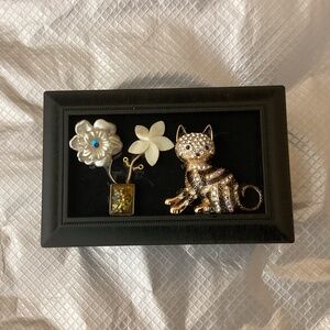 Upcycled music jewelry box black rhinestones cat mother of pearl flowers art box